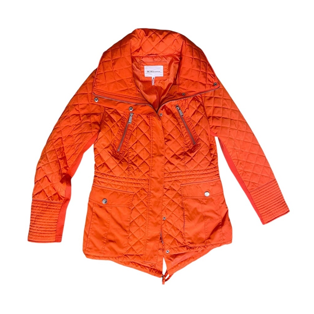 BCBG eneration Jacket/Coat, Mult Pockets, Stowaway Hood Vibrant Orange Sz Medium